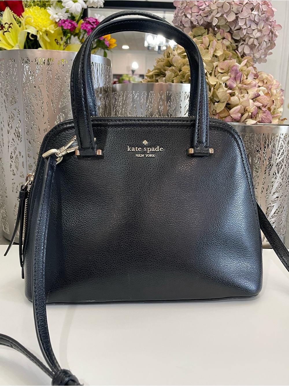 kate spade black pebbled leather satchel with gold hardware